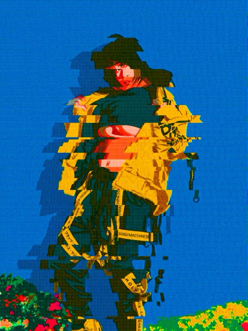 A stylized digital artwork depicts a figure in a yellow jacket against a vibrant blue sky, with glitch effects and warning tape reading 'DO NOT CROSS' and 'HOLE?' visible on their clothing.