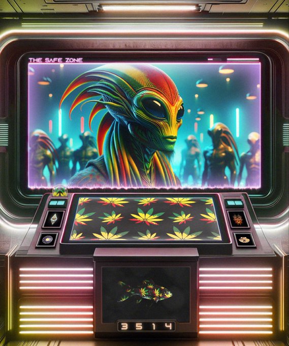 A retro-futuristic arcade machine displaying a vibrant alien character with rainbow-colored features on its screen, set within a neon-lit metallic cabinet.