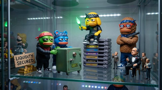 A glass display case showcases a collection of figurines, including a green frog holding a "LIQUIDITY SECURED" sign next to a safe labeled "$BOYZ," a yellow figure on a stack of game consoles, and other characters, reflecting the "$BOYZ" theme mentioned in the post.