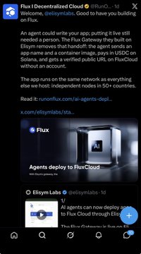 A blurry X.com screenshot from @elisymlabs announces Flux, describing agent app creation and deployment to “FluxCloud,” with “Agents deploy to FluxCloud” visible in an attached preview.