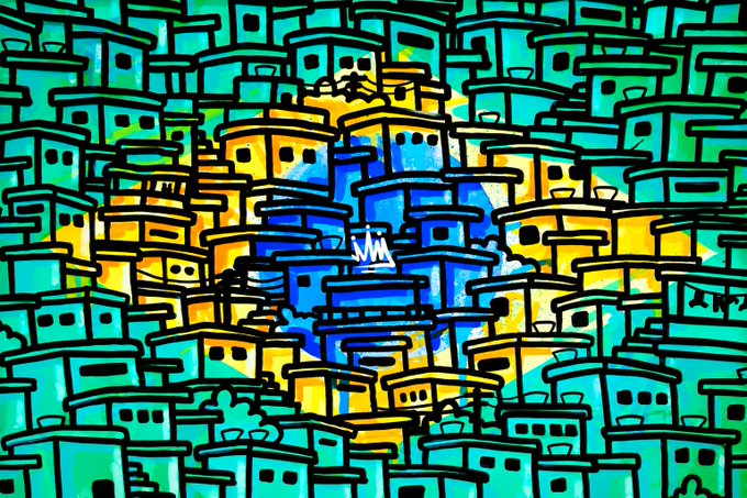 The image features a cartoon-like drawing of a cityscape with numerous small buildings, all painted in shades of blue and yellow. The buildings are arranged in a circular pattern around a central point, creating an interesting visual effect. The caption "Made in Brazil" is written below the image, indicating that it was created by someone from Brazil.