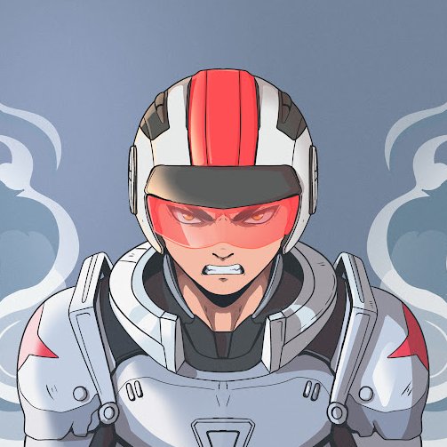 An anime-style illustration of a character wearing a futuristic white, red, and black helmet and armored suit with a determined expression.
