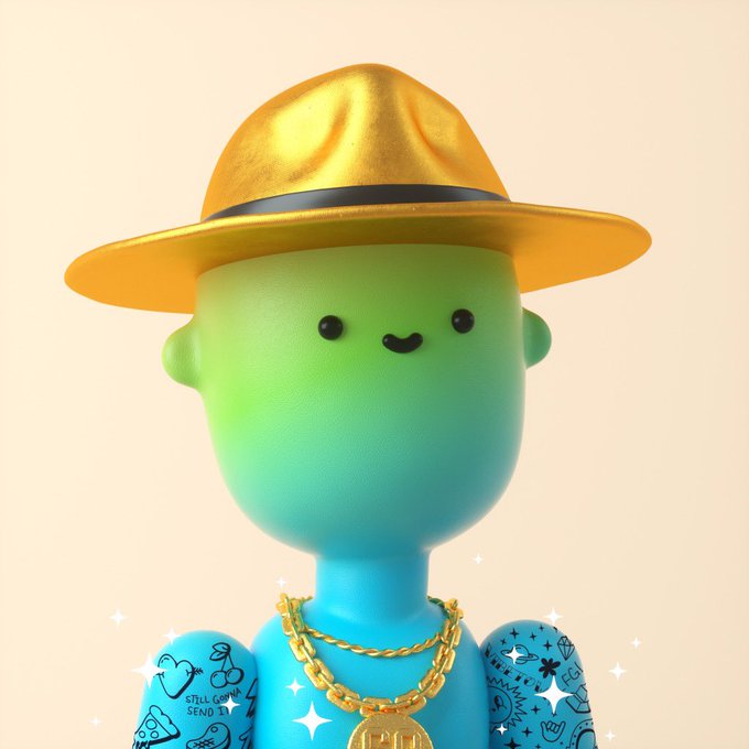 A 3D-rendered character with a gradient green-to-blue head and body, wearing a shiny gold fedora, a gold chain with a '420' medallion, and covered in small tattoos on its teal arms, set against a peach background.