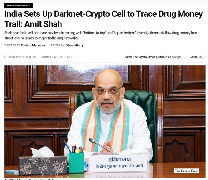 A news article screenshot from The Crypto Times titled 'India Sets Up Darknet-Crypto Cell to Trace Drug Money Trail: Amit Shah', featuring a photo of Amit Shah seated at a desk.