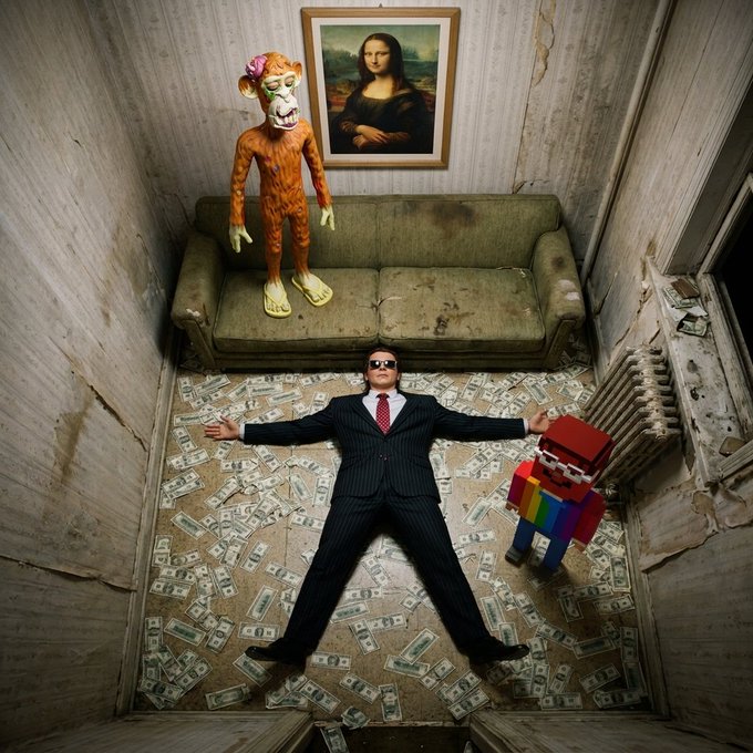 A man in a pinstripe suit lies sprawled on a money-strewn floor beside a Mario figure, with a grinning orange monkey statue and the Mona Lisa in the background — a chaotic victory scene symbolizing crypto profits, echoed by the post's celebration of financial gains.