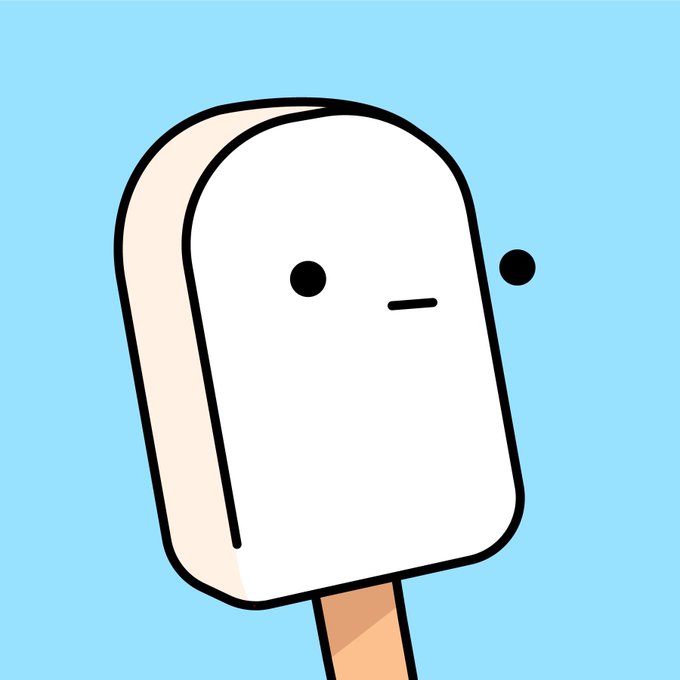 A simple cartoon illustration of a white popsicle with a face on a stick against a light blue background.