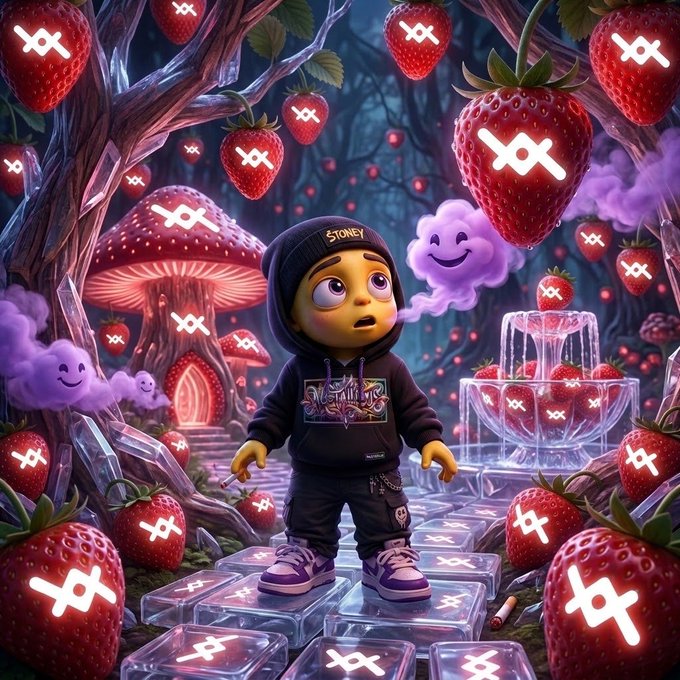 A 3D animated character wearing a 'STONEY' hoodie stands in a surreal fantasy forest filled with strawberries and mushrooms marked with X (XRP) logos, while purple smiley clouds float around.
