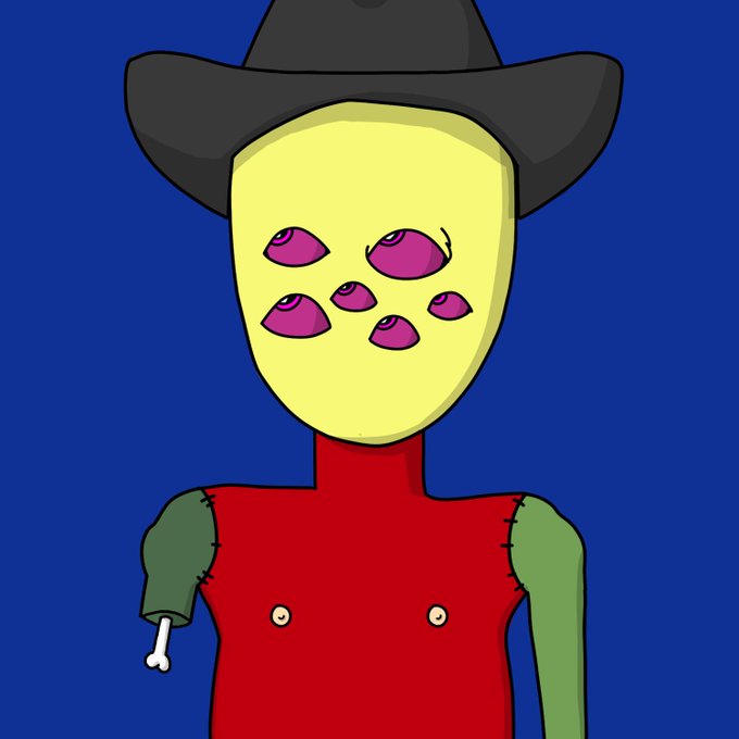 A cartoon illustration of a character wearing a yellow mask with multiple purple eyes, a black cowboy hat, and a red sleeveless shirt with green sleeves, with a bone visible in the right arm.
