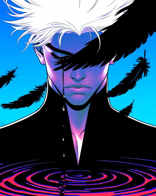 A stylized digital illustration of a figure with white hair against a bright blue background, featuring a large black feather across the eyes and smaller floating feathers, with a teardrop and pink-and-blue liquid ripples below.
