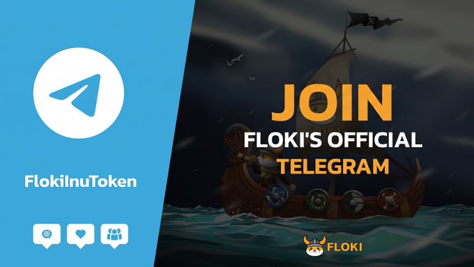 A promotional graphic featuring the Telegram logo and "FlokiInuToken" on a blue panel on the left, paired with an illustration of a Viking longship sailing through dark seas on the right, alongside bold text reading "JOIN FLOKI'S OFFICIAL TELEGRAM." The nautical Viking imagery aligns perfectly with Floki's Norse mythology branding, reinforcing the call-to-action to join their Telegram community for round-the-clock support and engagement.