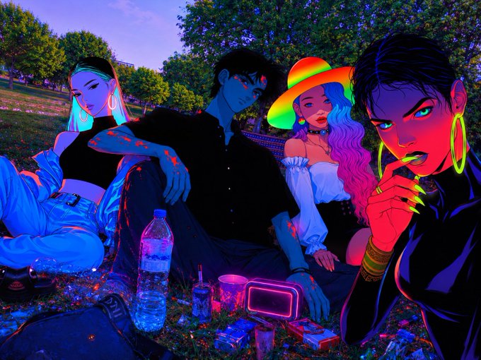 A vibrant digital illustration of four stylized characters relaxing in a park at twilight, featuring neon colors, a picnic setup with a boombox and water bottle, and one character holding a glowing green object.