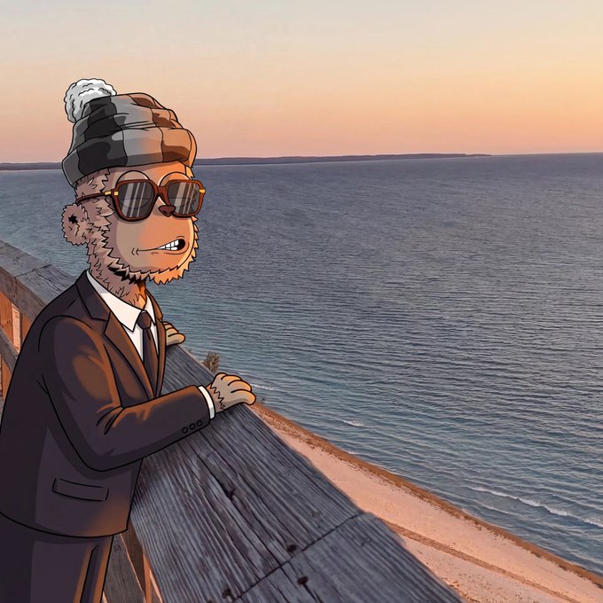 An anthropomorphic character in a suit, sunglasses, and pom-pom beanie smugly gazes out at the ocean from a pier railing. The image pairs with the post's commentary on crypto traders who move coins between wallets without ever truly "holding" any—much like the character admiring distant water from the shore, detached from what it supposedly values.