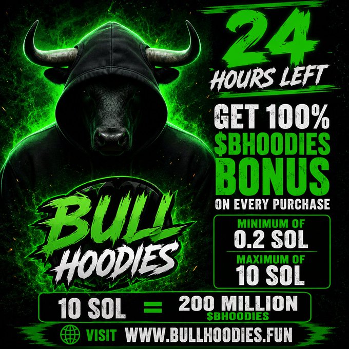 Promotional graphic for "Bull Hoodies" ($BHOODIES) featuring a fierce bull in a black hoodie against a green flame background, advertising "24 HOURS LEFT" with a 100% $BHOODIES bonus on purchases between 0.2 SOL and 10 SOL (10 SOL = 200 million $BHOODIES), directing viewers to www.bullhoodies.fun.