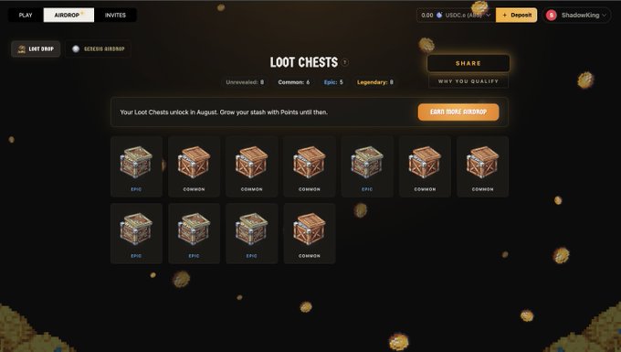 A 'Loot Chests' interface for a game called Airdrop, showing rows of epic and common treasure chests and a button to 'Earn More Airdrop'.