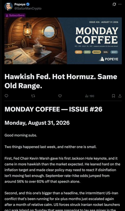 A tweet from Popeye (@Sa1toriManCrypto) promotes "Monday Coffee — Issue #26" dated August 31, 2026, with the headline "Hawkish Fed. Hot Hormuz. Same Old Range." The accompanying text discusses Fed Chair Kevin Warsh's hawkish Jackson Hole keynote and escalating US-Iran tensions affecting oil prices, matching the post's focus on these two macro stories and the easy long trade on oil.