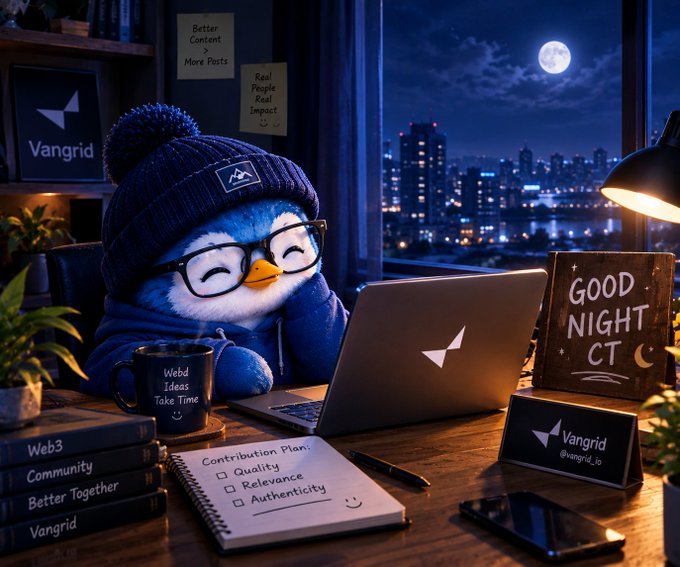 Digital artwork of an anthropomorphic blue bird wearing a beanie and glasses, sitting at a desk with a laptop branded 'Vangrid' alongside a 'GOOD NIGHT CT' sign.