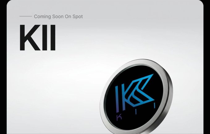 A minimalist promotional graphic for an upcoming listing on Spot, featuring the bold text 'KII' alongside a circular blue and black token logo.