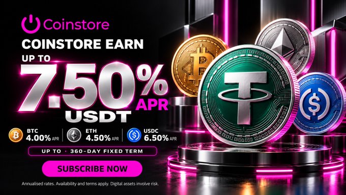 An advertisement for Coinstore Earn offering up to 7.50% APR on USDT, featuring images of Bitcoin, Tether, Ethereum, and USDC coins, with a 360-day fixed term option.