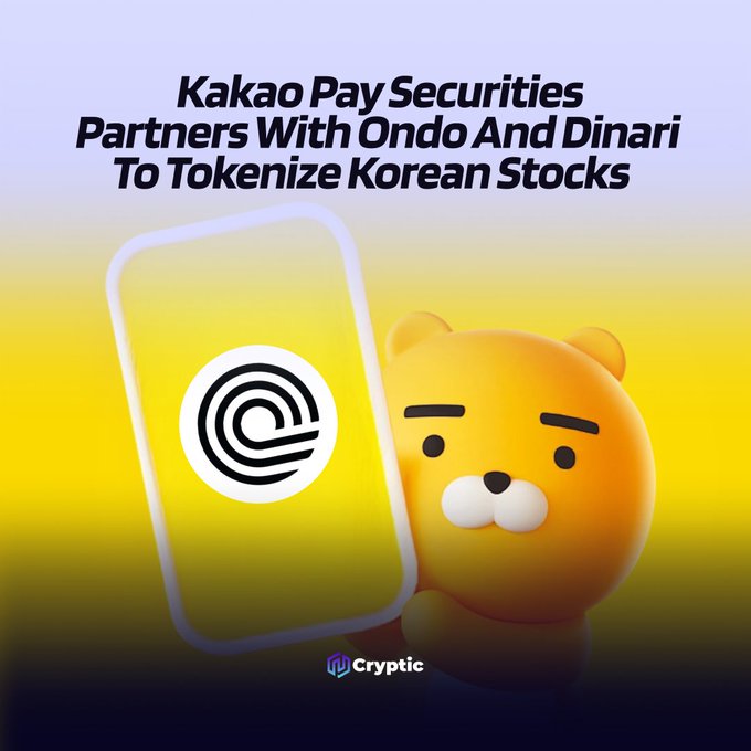 A promotional graphic announcing that "Kakao Pay Securities Partners With Ondo And Dinari To Tokenize Korean Stocks," featuring the Ondo Finance logo and Kakao's signature yellow bear mascot against a yellow gradient background, visually reinforcing the partnership detailed in the post.
