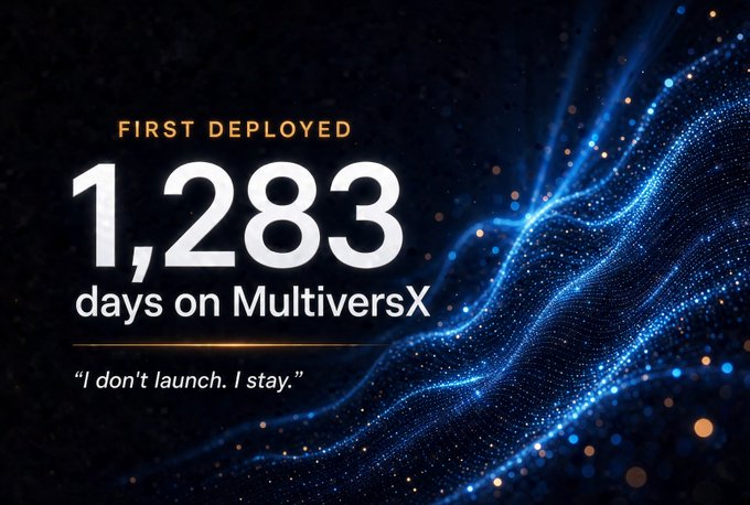 A dark blue promotional graphic featuring the text "FIRST DEPLOYED 1,283 days on MultiversX" alongside the quote "I don't launch. I stay," with a wave-like pattern of glowing dots in the background, celebrating MultiversX's longevity and reliability in line with the post's message of persistence and permissionless operation.