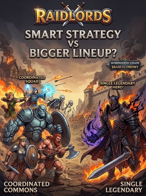 A fantasy game graphic titled “RAIDLORDS” asks “SMART STRATEGY VS BIGGER LINEUP?” and contrasts “COORDINATED COMMONS” with “SINGLE LEGENDARY,” alongside labels such as “ROBINHOOD CHAIN $RAID ECONOMY.”