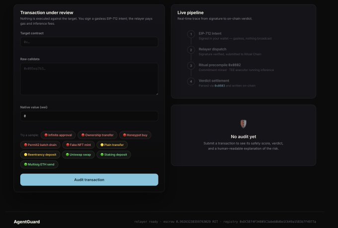A dark-themed software interface for a crypto/blockchain tool called "AgentGuard," displaying a "Transaction under review" panel and a "Live pipeline" showing real-time trace from signature to on-chain verdict.