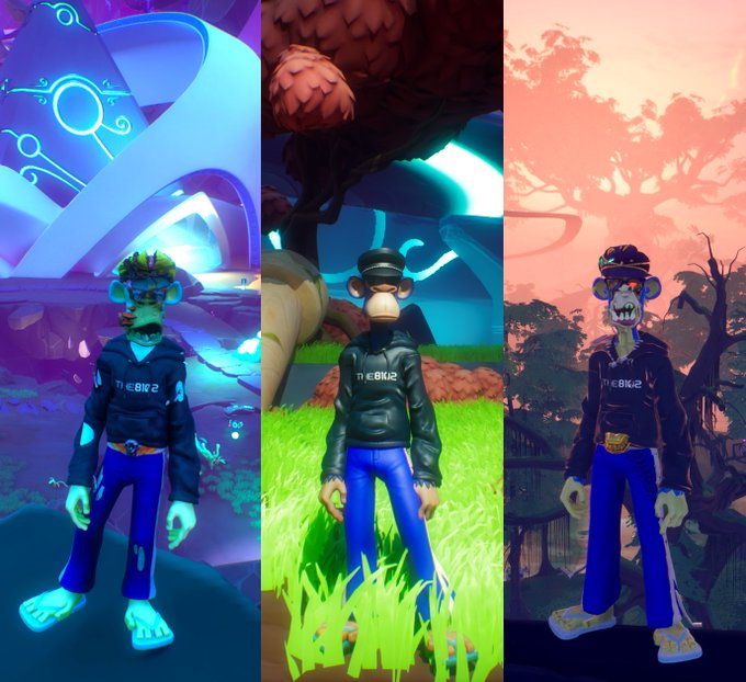 A three-panel collage showing NFT monkey avatars wearing black leather jackets with the 'ApeBKey' logo, standing in stylized environments with blue, green, and orange backdrops.