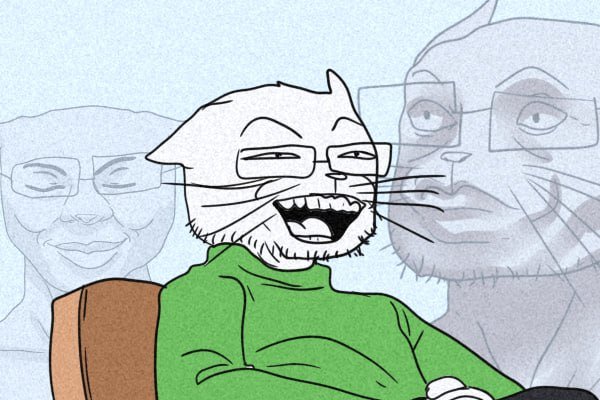 An animated cartoon featuring a central white cat character with glasses and a beard wearing a green shirt, smiling, with two faded human faces in the background.