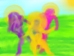 A blurry, pixelated image with vivid yellow, pink, and green colors showing indistinct figures and shapes.