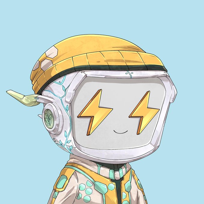 Anime-style illustration of a character wearing a yellow beanie and a futuristic white helmet with lightning-bolt eyes.
