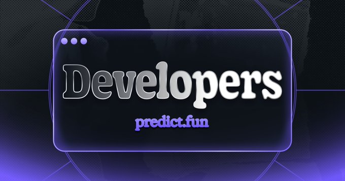 A purple-themed graphic banner with 'Developers' in large stylized text and 'predict.fun' displayed below it in a browser-style window.