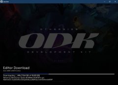 Editor download screen for "ODK" (OverDoom Kit) showing a progress bar at the bottom with file paths and version information on a dark background.