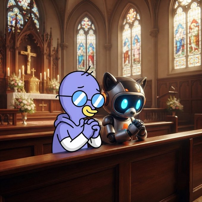 A cartoon illustration of a purple character with a pacifier and glasses sitting in a church pew next to a small black and white robot cat, with stained glass windows in the background.