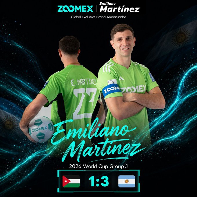 Promotional image featuring ZOOMEX's Global Exclusive Brand Ambassador Emiliano "Dibu" Martinez, the Argentine goalkeeper, celebrating Argentina's 3-1 victory over Jordan in the 2026 World Cup Group J, with the post highlighting his standout performance to promote a trading giveaway.