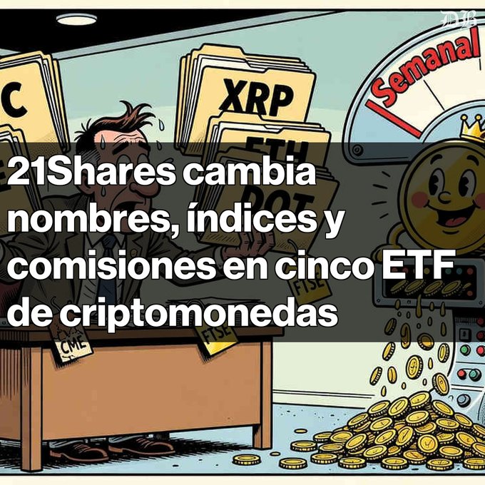 A digital illustration showing a stressed man at a desk with cryptocurrency folders (XRP, ETH, DOT, SOL) and coins pouring out of a slot machine, overlaid with Spanish text about 21Shares changing names, indices and commissions for five cryptocurrency ETFs.