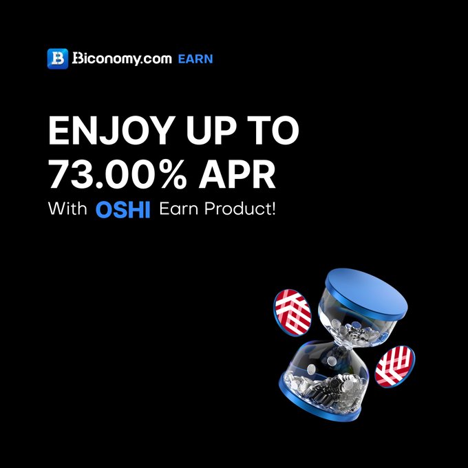 Biconomy.com EARN promotional graphic advertising up to 73.00% APR with their $OSHI Earn Product, featuring a blue hourglass surrounded by falling coin tokens on a black background. The image visually reinforces the post's message about putting $OSHI to work through flexible, high-yield earning options on the platform.