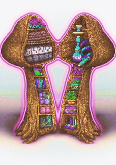 A surreal, mushroom-shaped shelving unit with vibrant pink neon trim displays an eclectic mix of treasures—including a hookah, potted plant, books, jars, and dice—mirroring the curated, life-affirming aesthetic of the 1/1 NFT artwork "The Vault of Life."