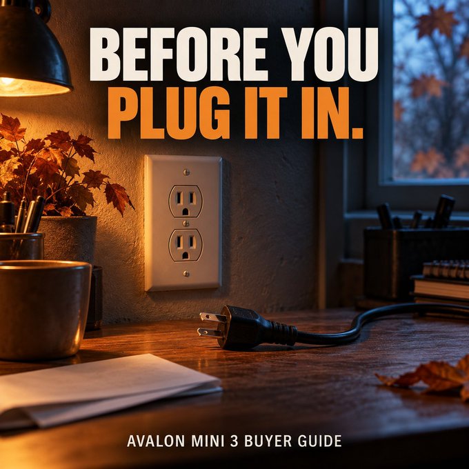 An advertisement graphic featuring a wall outlet and an unplugged cord on a wooden desk, with the text "BEFORE YOU PLUG IT IN." and "AVALON MINI 3 BUYER GUIDE" at the bottom.