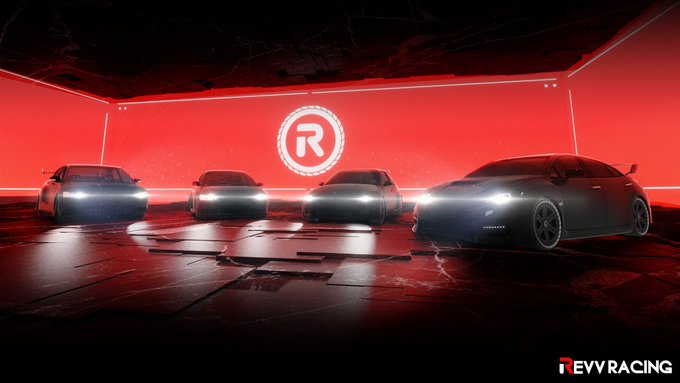 Four cars lined up in a dark, red-lit garage with a large 'R' logo on the back wall and the text 'REVV RACING' in the bottom right corner.