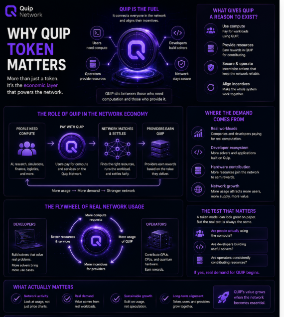 Infographic titled 'Why QUIP Token Matters' explaining how QUIP serves as economic fuel in the Quip Network for compute, developers, and operators.