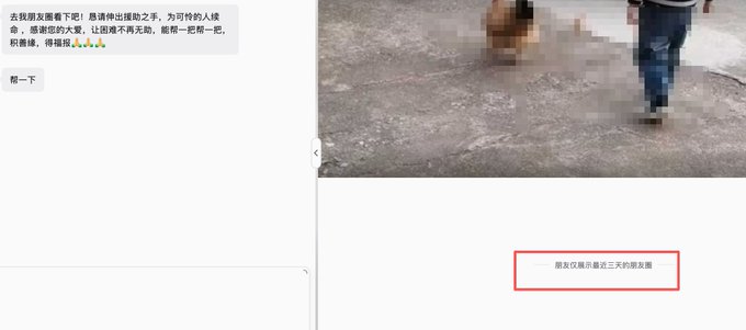 A screenshot with Chinese text discussing visiting a friend's home, showing a blurred/pixelated image on the right side with a red box highlighting text about "朋友仅展示最近三天的朋友圈" (Friends only show their Moments from the last three days).