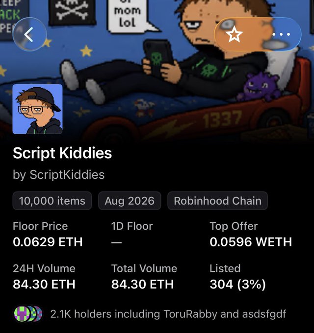An NFT collection detail page for 'Script Kiddies' by ScriptKiddies, featuring a cartoon character on a bed, with stats showing 10,000 items, an Aug 2026 release, a Floor Price of 0.0629 ETH, a Top Offer of 0.0596 WETH, and 2.1K holders.