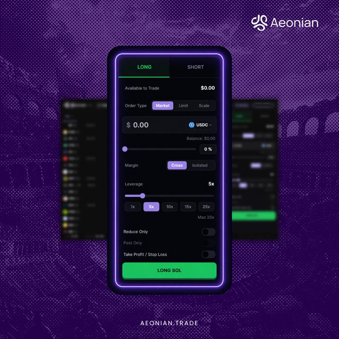 A mobile app interface for Aeonian trading displayed on a phone, showing a 'LONG' trading panel for SOL with a 5x leverage option and a $0.00 balance against a purple background.