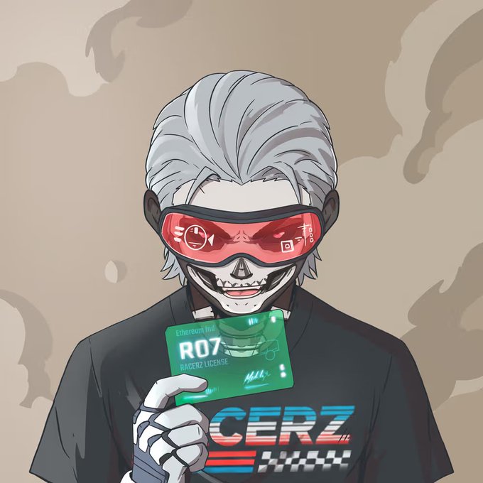 An animated illustration of a skeletal character with white hair and red visor goggles holding a green Ethereum Racerz License card numbered R07, wearing a black shirt with the text 'CERZ' and 'KYACER'.