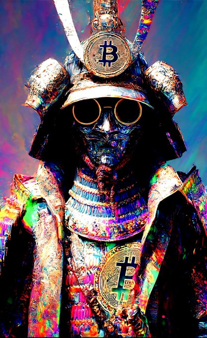 A vibrant, psychedelic digital artwork depicts a samurai in ornate armor wearing round sunglasses and Bitcoin logos on the helmet and chest plate.