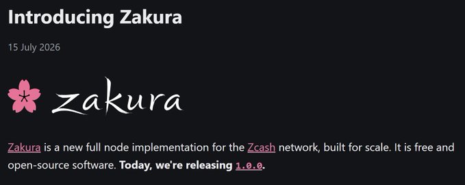 Announcement titled 'Introducing Zakura' dated 15 July 2026, describing Zakura as a new full node implementation for the Zcash network, free and open-source, with version 1.0.0 being released today.