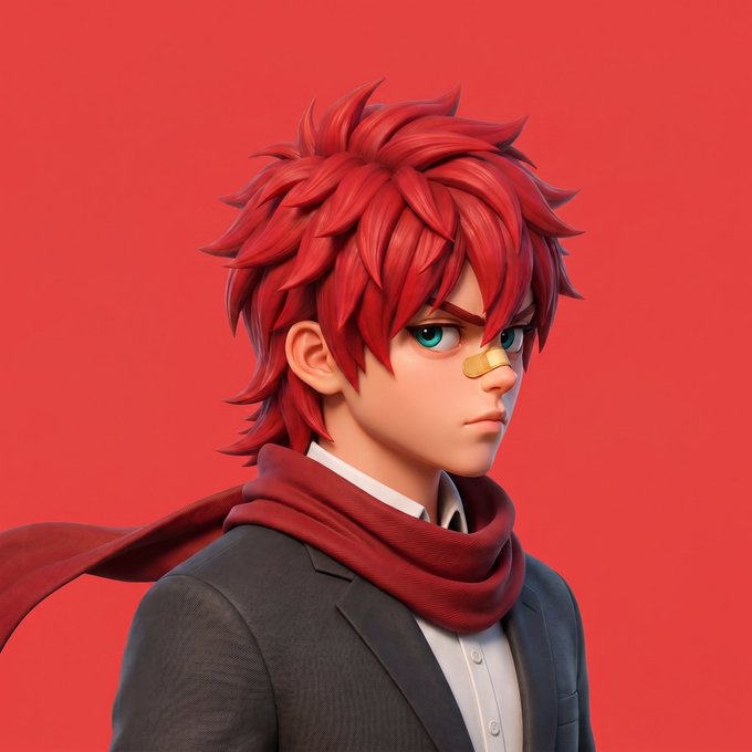 A 3D-rendered anime-style character with spiky red hair, green eyes, and a bandage on his nose wears a dark suit with a flowing red scarf against a solid red background.