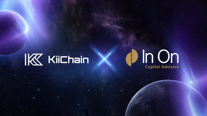 The image showcases a partnership announcement between **KiiChain** and **In On Capital Advisors**, with their logos displayed against a cosmic, space-themed backdrop featuring planets and a glowing "X" symbol between them. This visually represents the collaboration mentioned in the post, where In On Capital Advisors (with $385M+ in assets under management) joins as an institutional partner to utilize KiiChain's blockchain infrastructure for Onchain FX and financial services.