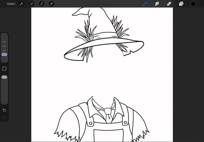 A digital drawing in Procreate shows line art of a wizard-style hat and a tattered robe/clothing with suspenders on a grid background.