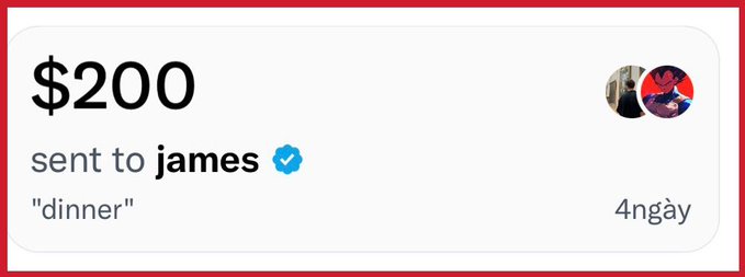 A $200 payment notification sent to verified user 'james' with the note 'dinner'.